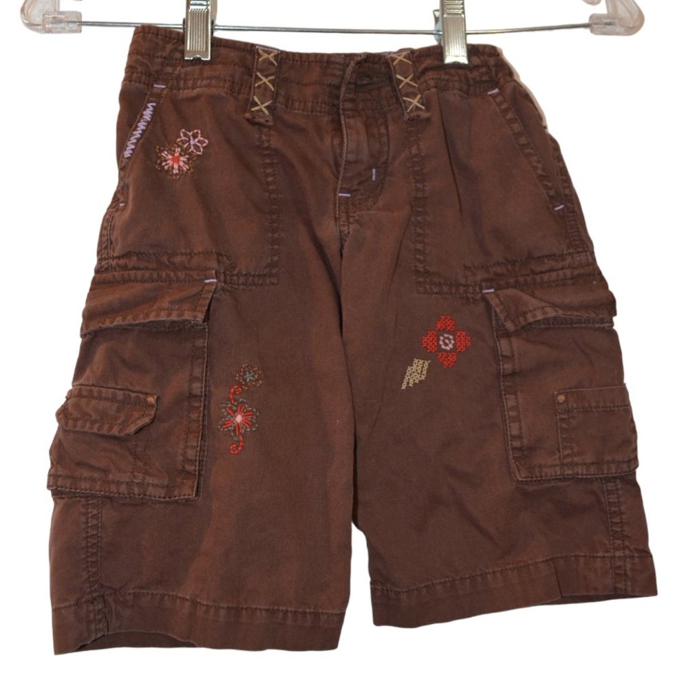 GAP Kids Cargo Brown Embroidered Cotton Shorts Elastic Waist 7 Regular